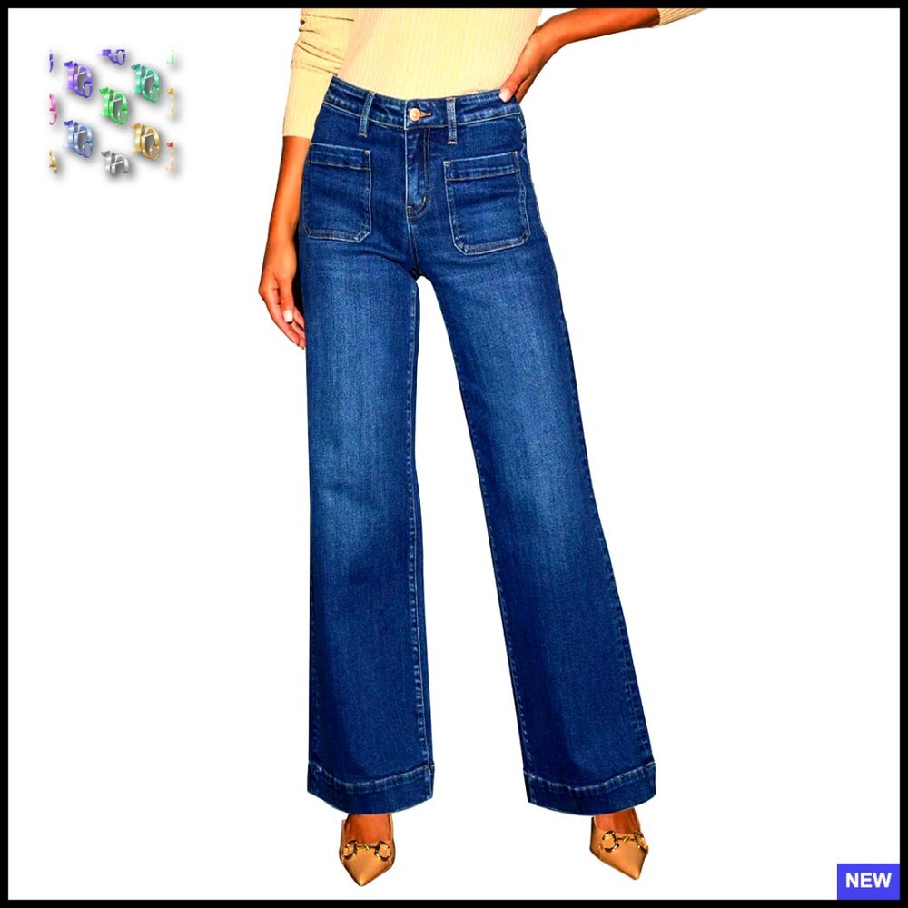 Wide Leg Jeans High Waisted Straight Leg Stretchy Denim Pants With Pockets